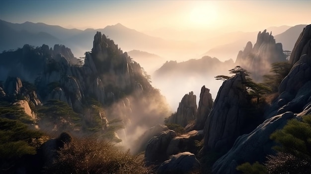 중국의 일출 시 아름다운 황산 산 풍경 Generative AI