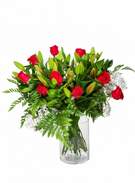 Beautiful huge bouquet of red roses in vase isolated on white background