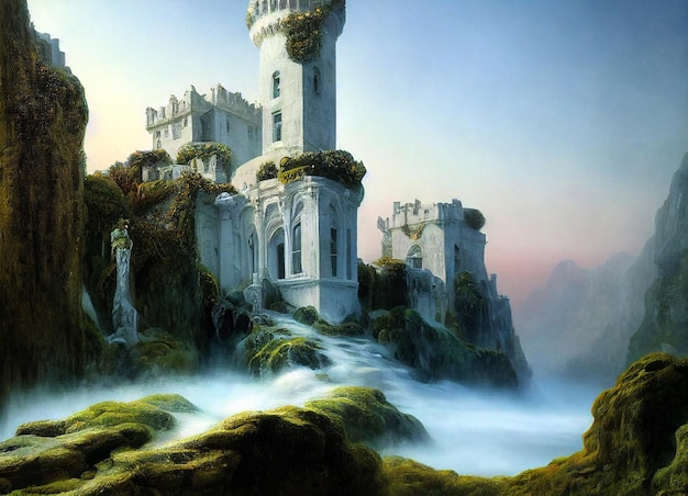 Beautiful and huge cliff side fairytale with white marble castle 3D illustration