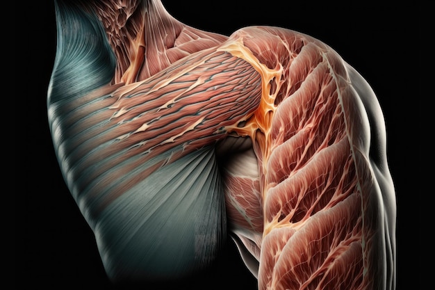Красивое человеческое плечо с мышечными волокнами руки и бицепса, созданное с помощью генеративного ИИ