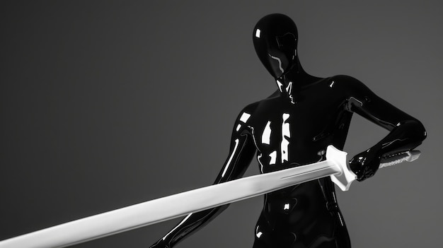 Beautiful humanoid statue with glossy finish holding a white sword Minimalist design in dark colors Perfect for modern art and fantasy themes