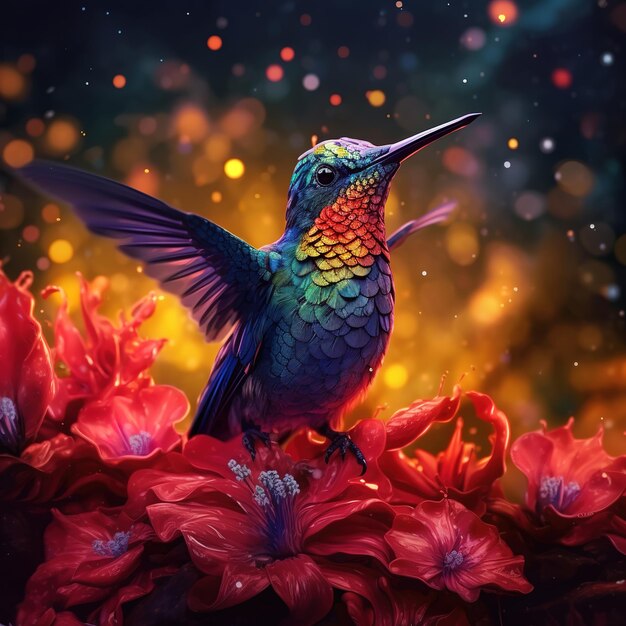 Foto bellissimo colibrì che vola vicino ai fiori