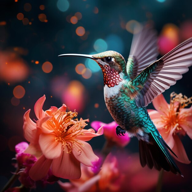 Foto un bellissimo colibrì sorvola e si nutre di un fiore vibrante generato dall'intelligenza artificiale