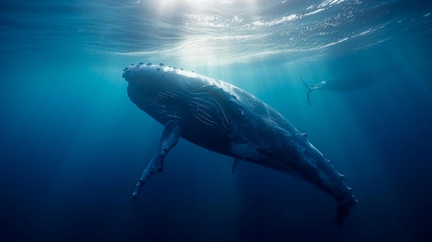 A beautiful humpback whale is swimming in the ocean A whale in its native element Generative AI