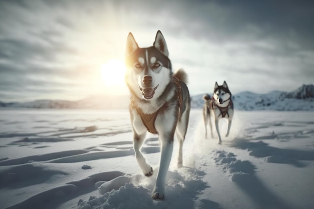 Красивые хаски две упряжные спортивные северные собаки в заснеженной степи в солнечный зимний день Generative AI