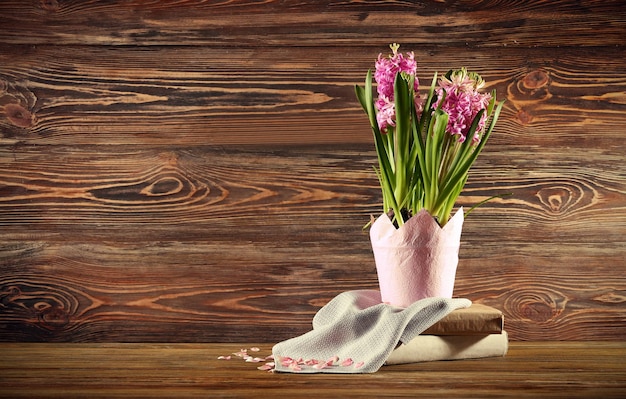 Beautiful hyacinth in pot on wooden background