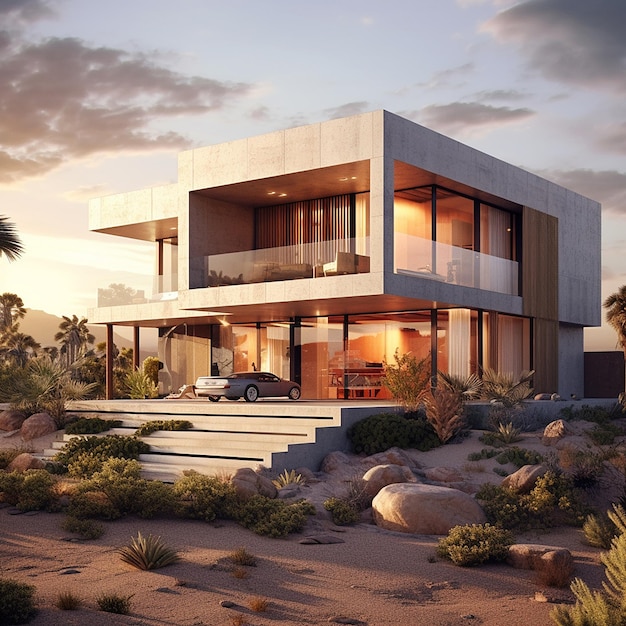 Beautiful hyper realistic rendering modern hill house picture AI Generated Art