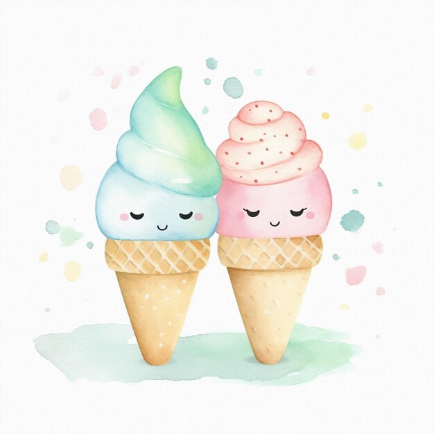 Beautiful ice cream pastel colors flowers watercolor illustration