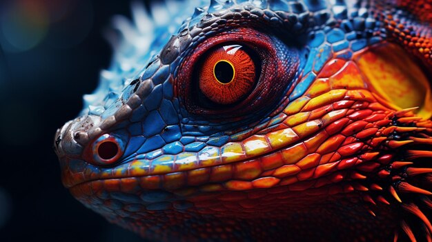 A beautiful iguana with red and blue tail stares with wide eyes generated by Ai