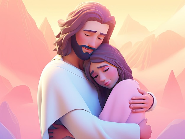 Beautiful illustration of 3D character Jesus holding girl colorful playful cartoon design