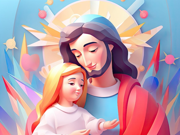 Beautiful illustration of 3D character Jesus holding girl colorful playful cartoon design