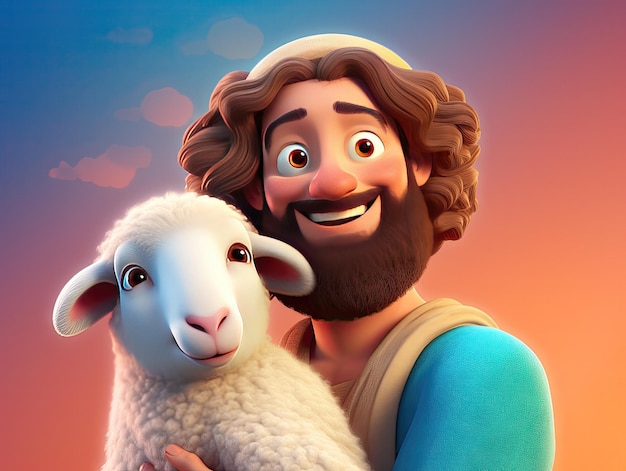 Beautiful illustration of 3D character Jesus holding a sheep colorful playful cartoon design