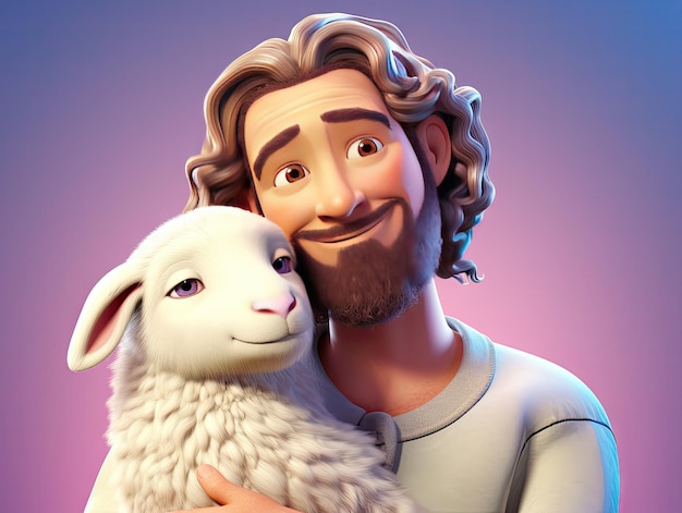 Beautiful illustration of 3D character Jesus holding a sheep colorful playful cartoon design