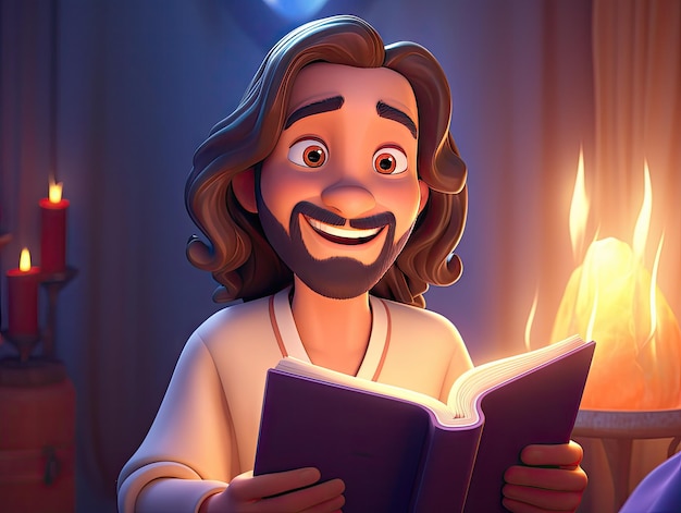 Beautiful illustration of 3D character Jesus reading the Bible colorful playful cartoon design