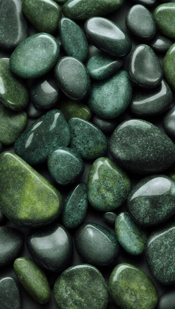 Beautiful illustration background of round black and green stones top view Generative AI