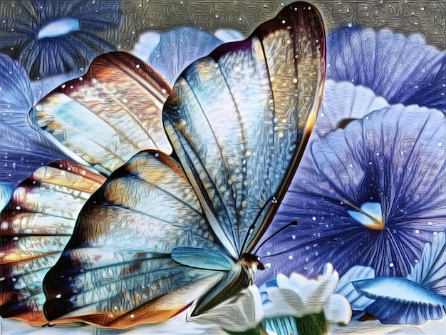 푸른 난초와 나비의 아름다운 삽화.
