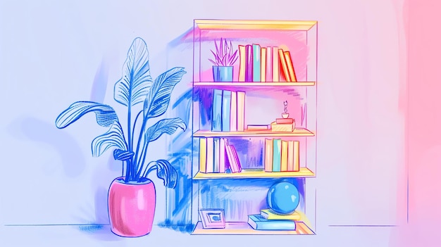 A beautiful illustration of a bookshelf filled with colorful books plants and other knickknacks