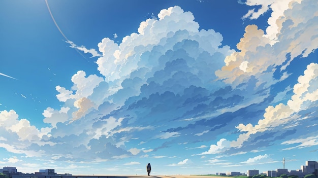 Beautiful illustration of cityscape under blue sky anime style for wallpaper