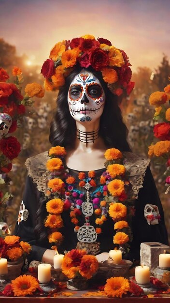 Beautiful illustration of the day of the dead typical altar of the day of the dead remembrance day