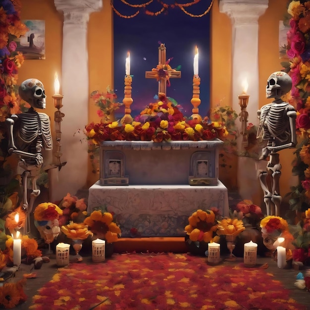 Beautiful illustration of the day of the dead typical altar of the day of the dead remembrance day