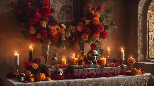 Beautiful illustration of the day of the dead typical altar of the day of the dead