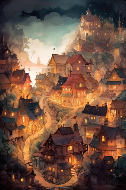 Beautiful illustration of a fairytale village magic world cartoon drawing Generative Ai