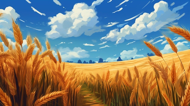 Красивая иллюстрация поля спелой пшеницы на фоне голубого неба Генеративный AI