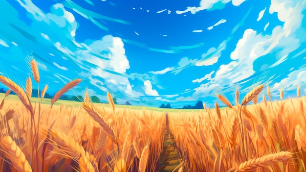 Beautiful illustration of a field of ripe wheat against the blue sky Generative AI