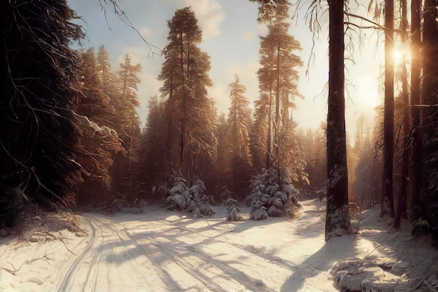 Beautiful illustration of a fir forest in the quite winter sun