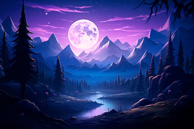 月に照らされた森の美しいイラスト 神秘的な童話の森と山