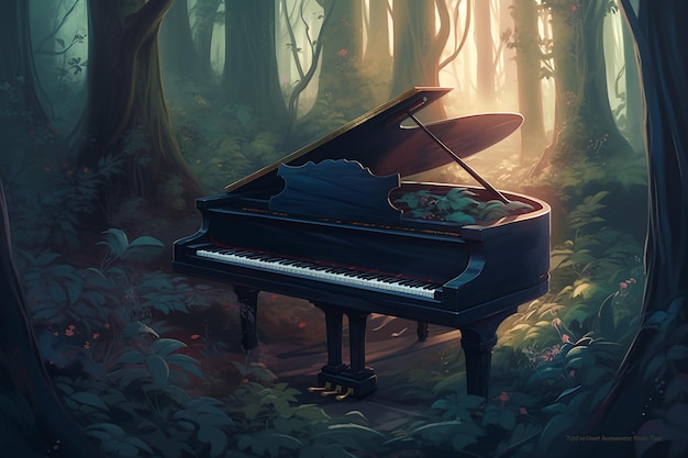 beautiful illustration of a grand piano in a forest