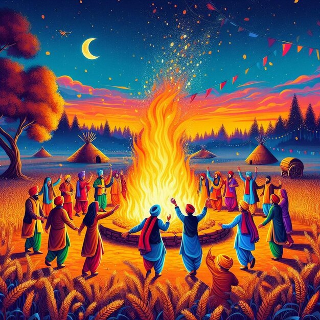 Beautiful illustration of lohri bonfire