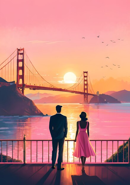 Foto bella illustrazione di un uomo e una donna in un vestito rosa che guardano il tramonto sopra il golde