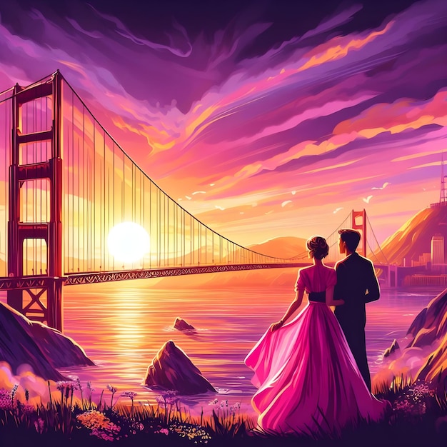 Красивая иллюстрация мужчины и женщины в розовом платье, смотрящих на закат