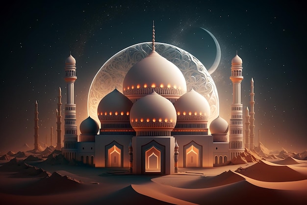 Beautiful illustration of a mosque architecture with beautiful architecture and moon