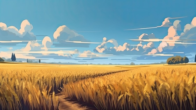 사진 여름철을 나타내는 푸른 하늘을 배경으로 잘 익은 밀밭의 아름다운 그림 generative ai