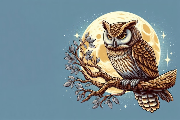 Photo beautiful illustration of an owl sitting on a branch against the background of the full moon