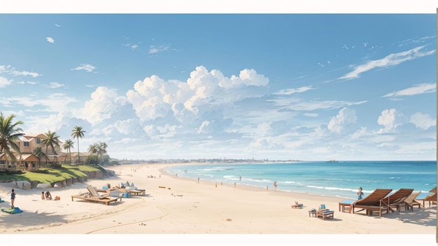 Beautiful Illustration painting blue sky on a beach with clouds anime style