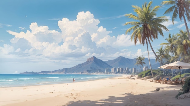 Beautiful Illustration painting blue sky on a beach with clouds anime style