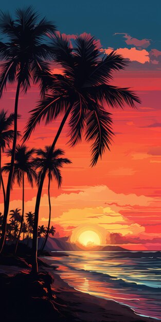 Beautiful illustration of palm trees on a sunset background Island Generative AI