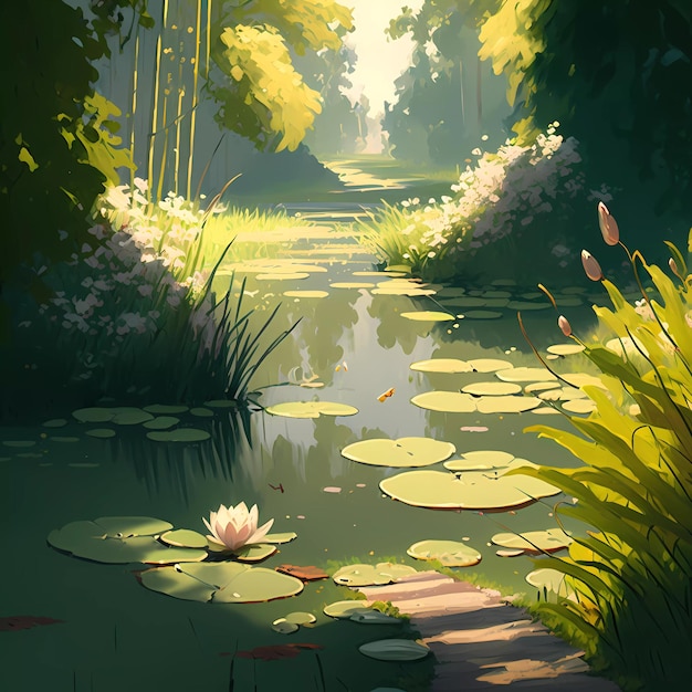 Beautiful illustration of a pond in summer summer