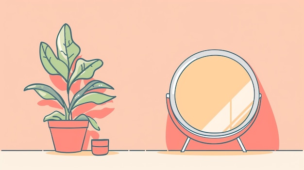 A beautiful illustration of a potted plant and a round mirror The plant has lush green leaves and is sitting in a brown flower pot