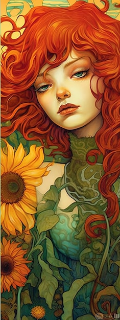 Beautiful illustration of a redhaired woman surrounded by sunflowers Generative AI