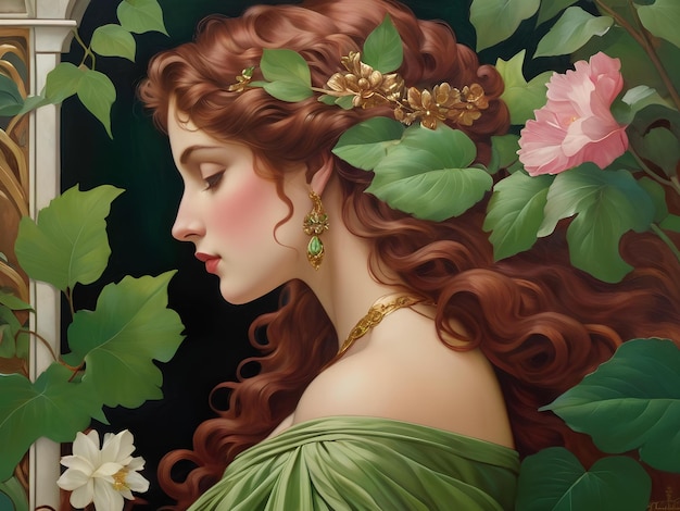 Beautiful illustration reflecting an Art Nouveaustyle painting feminine beauty and flowers