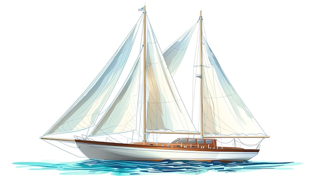 Photo a beautiful illustration of a sailboat with the sails unfurled gliding through the waves the boat is brown and white with two masts and a cabin