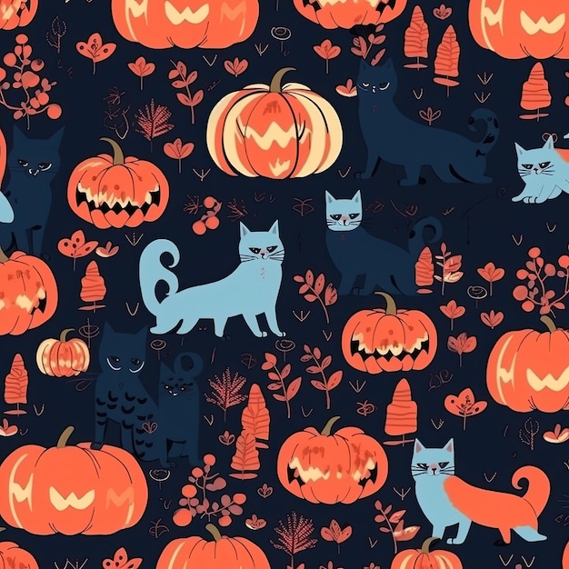 Beautiful illustration to use as a background with a Halloween pattern featuring black cats and orange pumpkins on a black background Generative AI