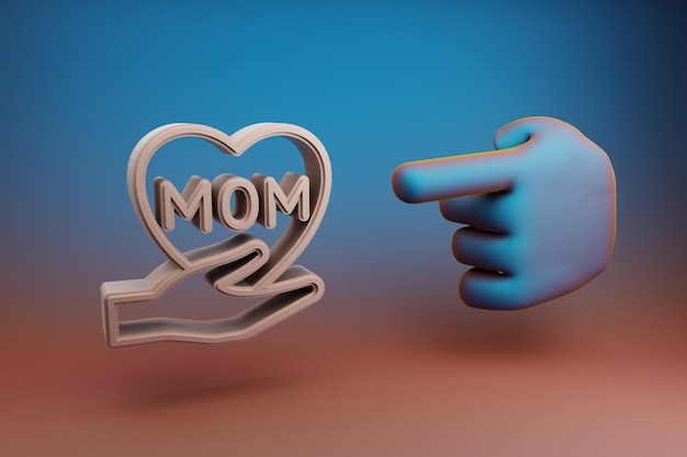 Photo beautiful illustrations abstract hand index finger points to hand heart with word mom symbol icon on