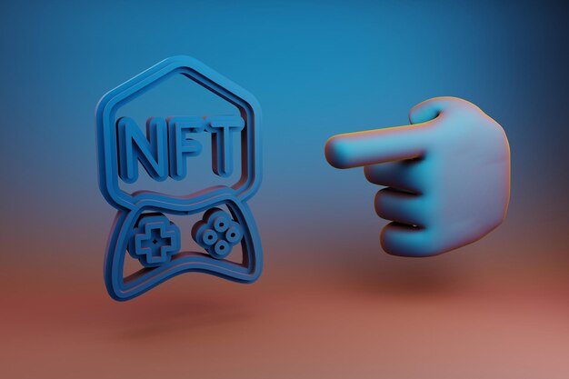 アブストラクト: 手の手指がNFTを指している 複数の色のブレードにゲームのシンボルアイコンが描かれています