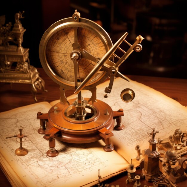 Photo a beautiful image of an antique brass astrolabe sitting on a table covered in a detailed world map with other antique items scattered around it