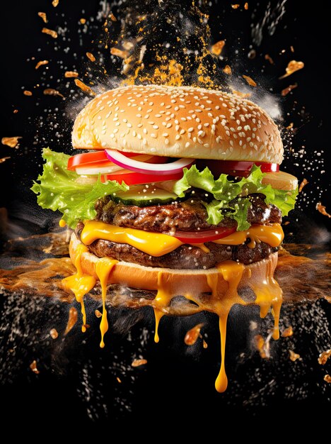 Una bellissima immagine di un hamburger che esplode schizzato di salsa in stile la fotorealistico